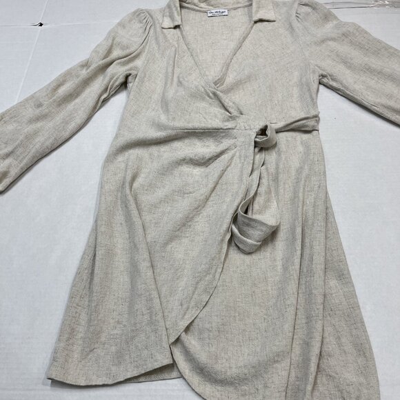 Miss Selfridge Dress Womens US 6 Oatmeal Linen Viscose Blend Wrap Mini Lagenlook - Picture 8 of 10